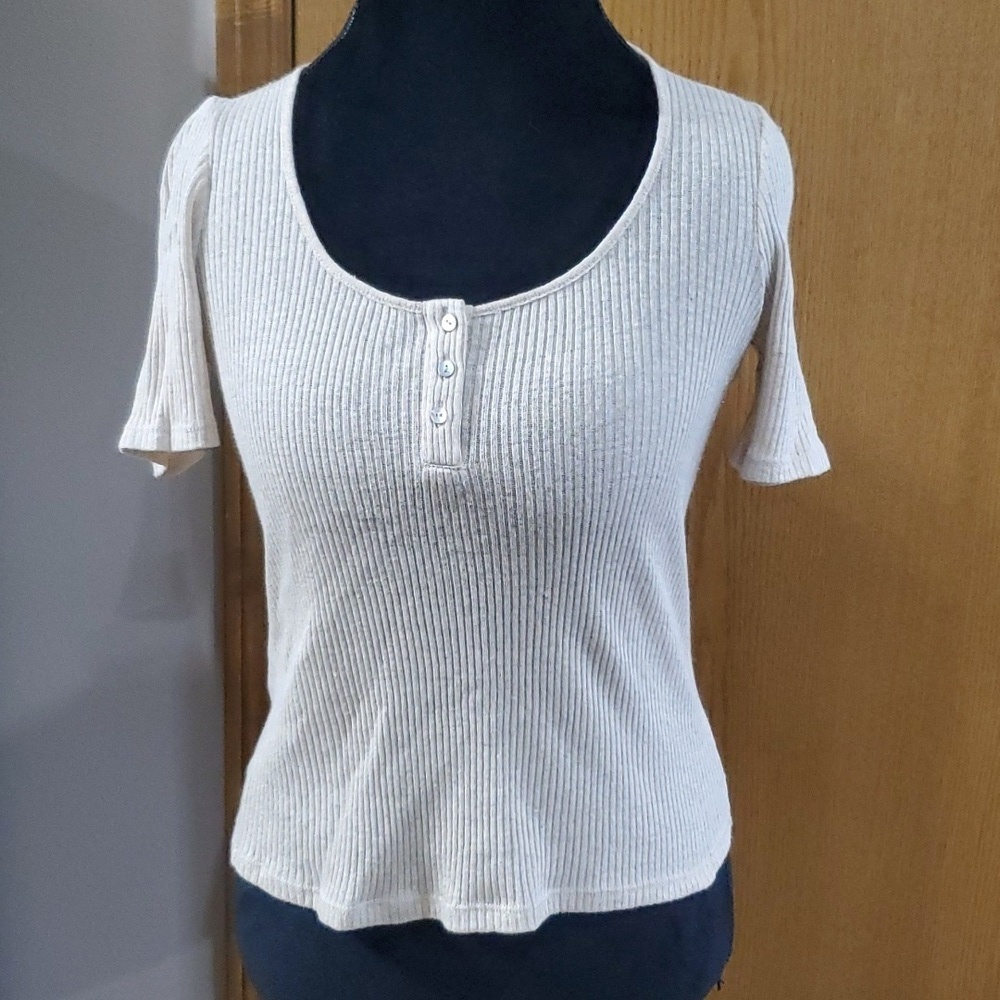 Vince oatmeal linen cotton blend ribbed knit short sleeve sweater